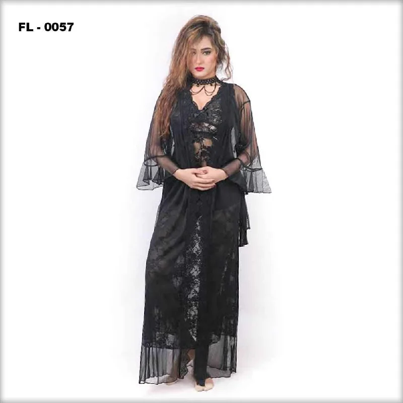 Black 2Pc Net Nighty Flourish  - FL-0057