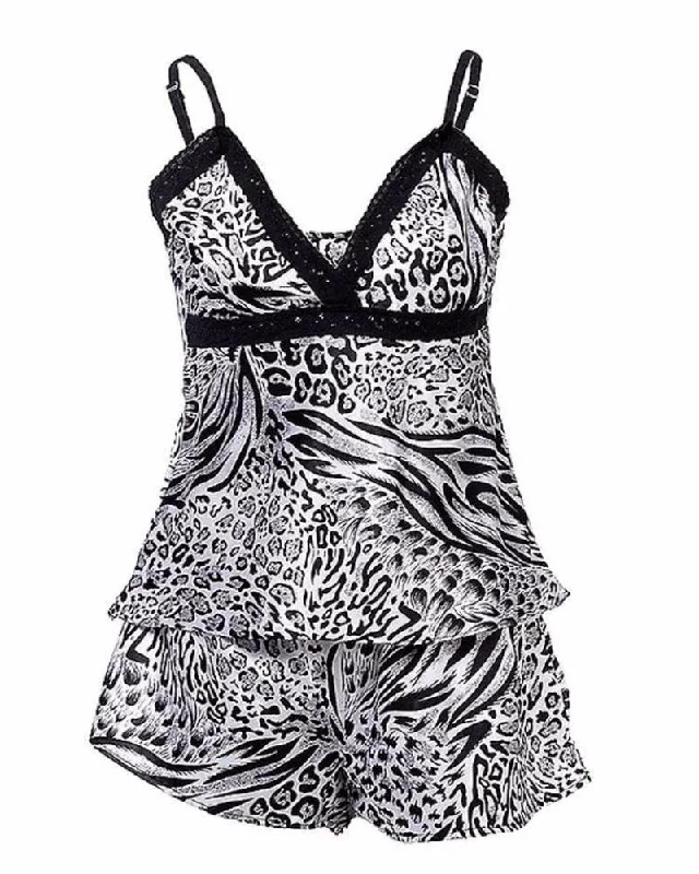 Black & White Cheetah Print Satin Camisole Set