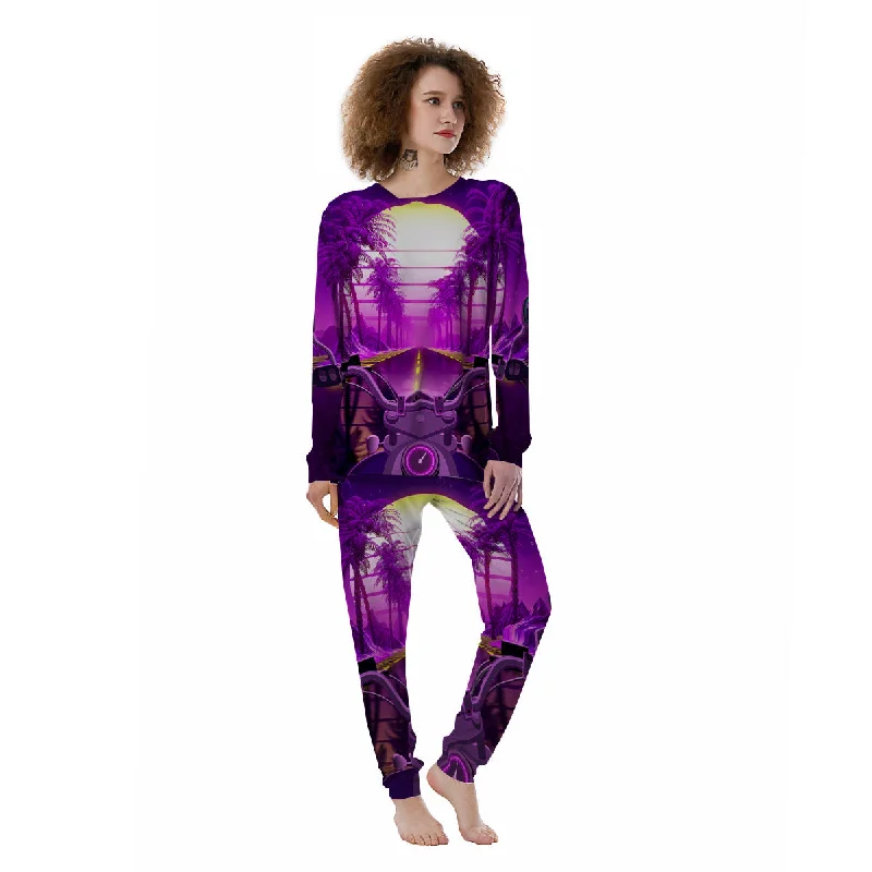 Riding Motorcycle Retro Purple Print Women's Pajamas