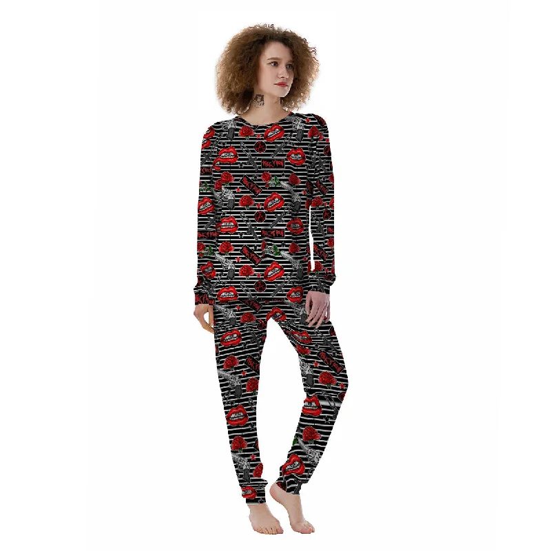 Rock’N’Roll Stiped Black White Print Pattern Women's Pajamas