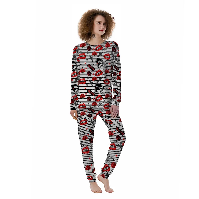 Rock’N’Roll Stiped White Black Print Pattern Women's Pajamas