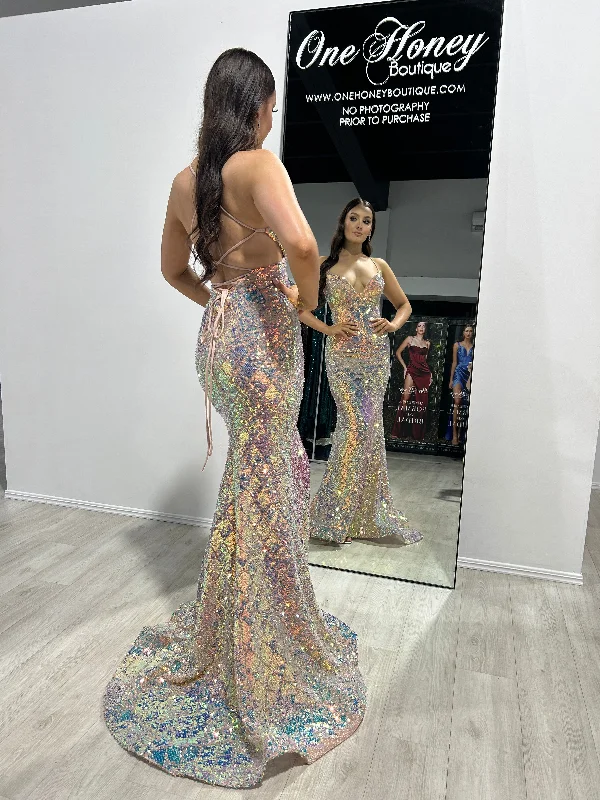 Honey Couture EMPRISS Opal Blush Sequin Mermaid Evening Gown Dress