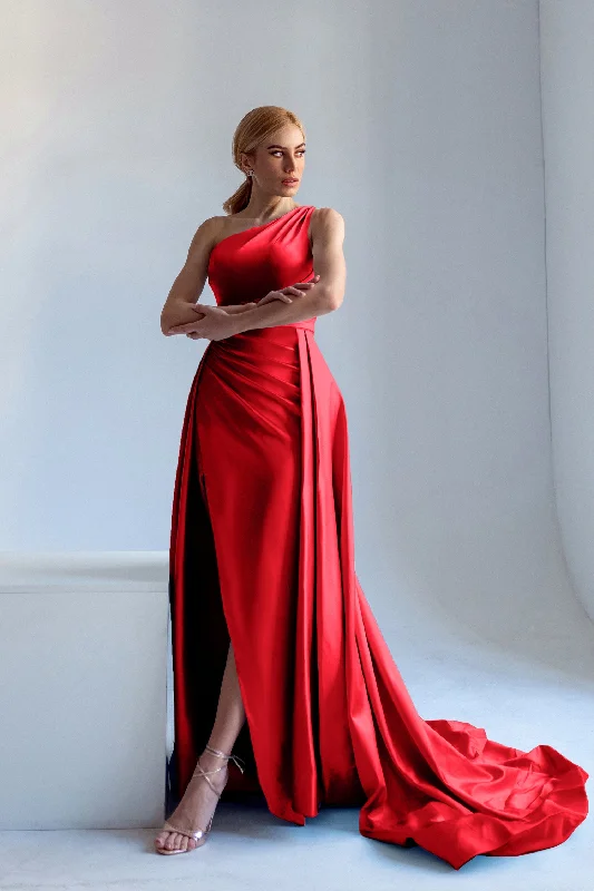 Tina Holly Couture TK888 Red Silk Satin Asymmetrical Neck Line With A Ruched Side And High Leg Spilt Formal Dress