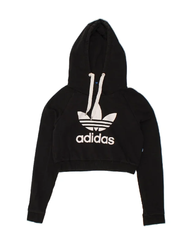 ADIDAS Womens Crop Graphic Hoodie Jumper UK 8 Small  Black Cotton