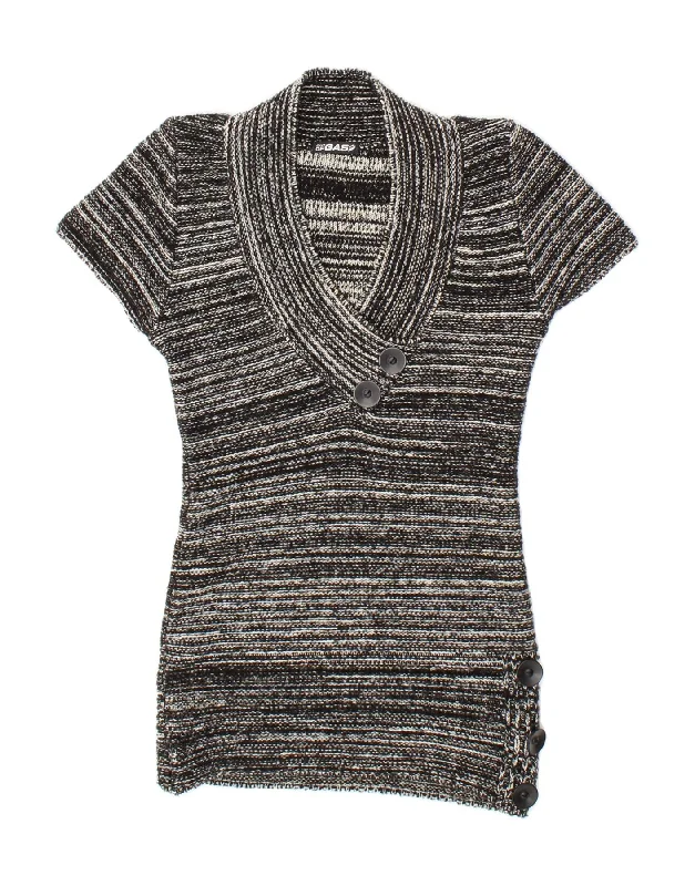 GAS Womens Short Sleeve V-Neck Jumper Sweater UK 10 Small Black Flecked