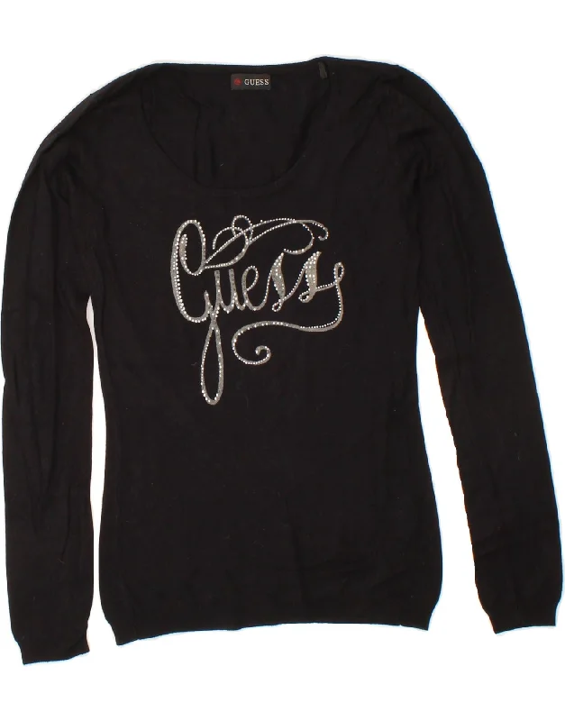 GUESS Womens Graphic Boat Neck Jumper Sweater UK 6 XS Black Viscose