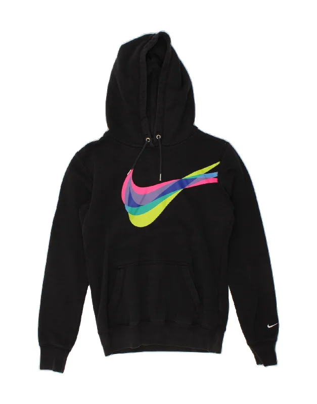 NIKE Womens Oversized Graphic Hoodie Jumper UK 10 Small Black Cotton