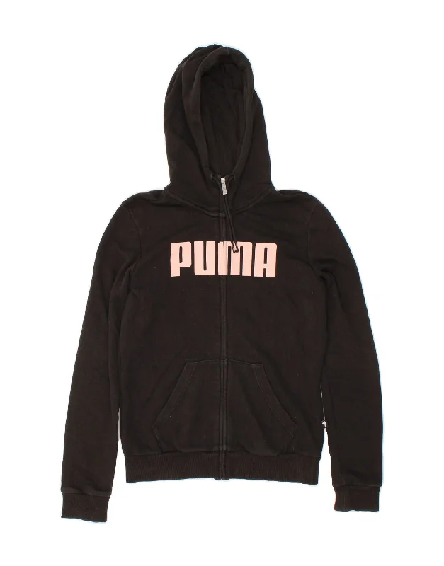 PUMA Womens Loose Fit Graphic Zip Hoodie Sweater UK 6 XS Black Cotton