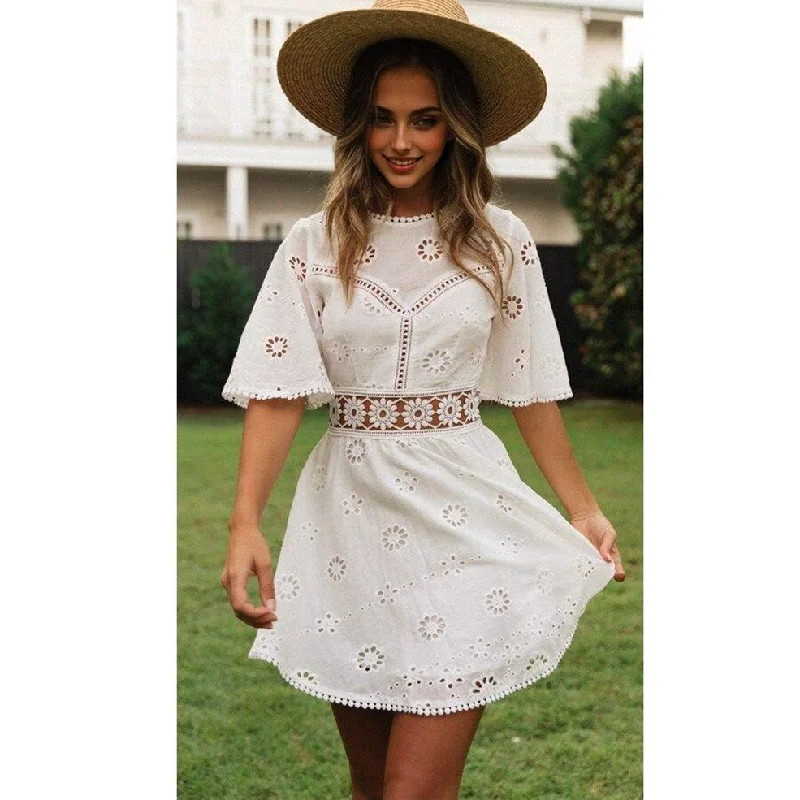 JuliaFashion - 2024 White Lace Floral Embroidery Short Sleeve Mini Dress