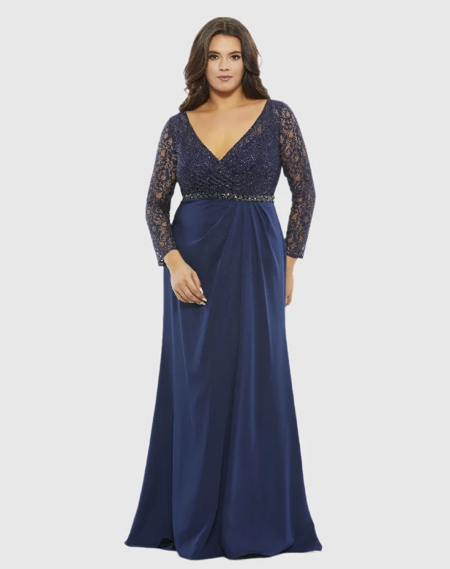 Lace Illusion Long Sleeve V-Neck Draped Gown (Plus)