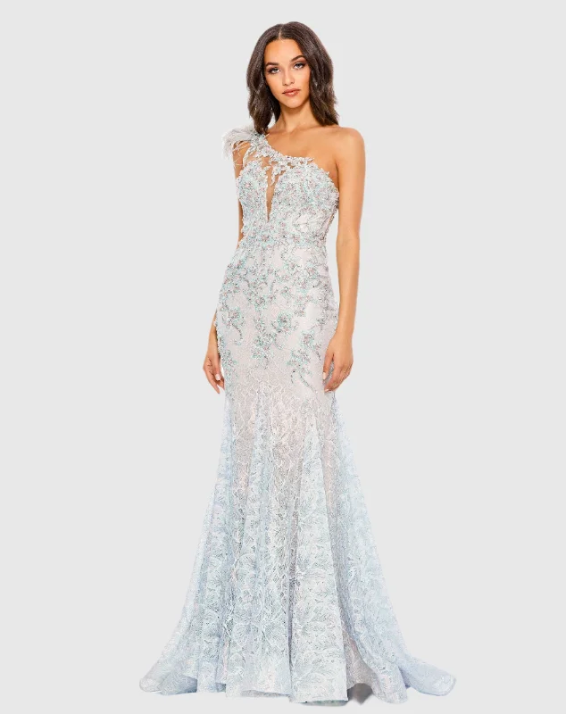 Embroidered Applique Feathered One Shoulder Trumpet Gown