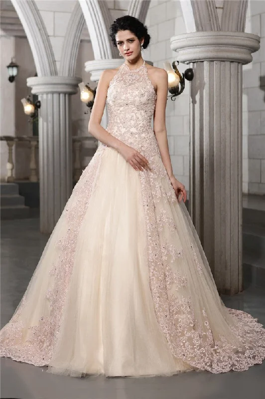 A-Line/Princess High Neck Sleeveless Beading Applique Long Net Wedding Dresses