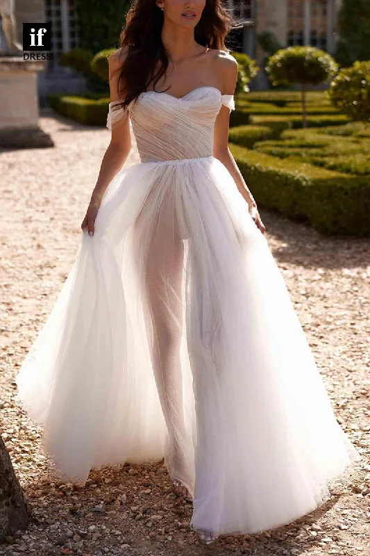 71212 - Elegant A-Line Sweetheart Cap Sleeves Tulle Beach Wedding Dress