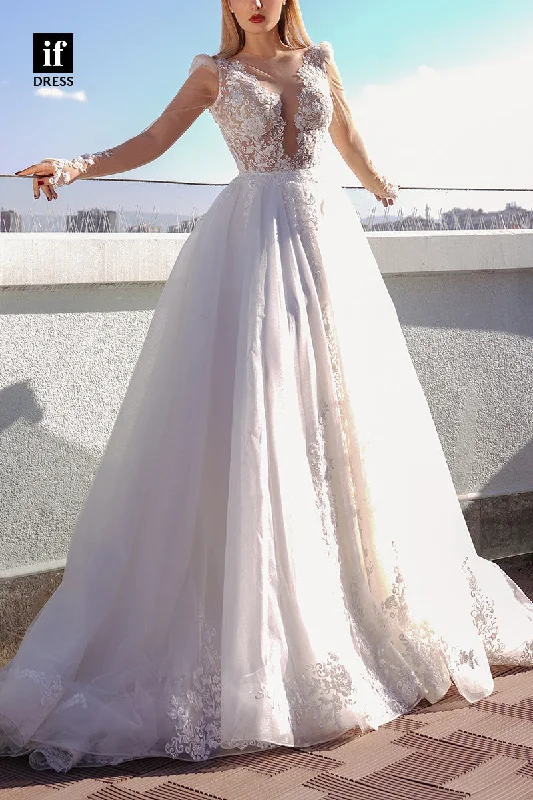 71214 - Classy Deep V-Neck A-Line Appliques Bohemian Wedding Dress with Sleeves