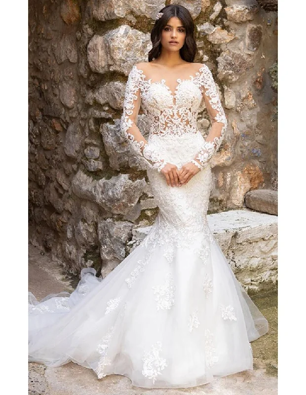 Elegant Long Sleeve Backless Mermaid Wedding Dresses Custom Made Women Lace Bridal Gowns