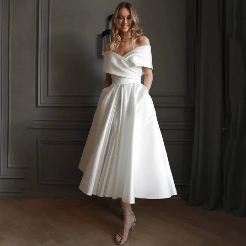 Shoulder Wedding Dress Pleat A-Line Mid-Calf Bridal Lace Up Dresses