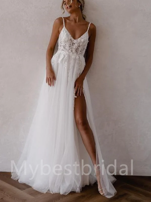 Sexy V-neck Spaghetti straps A-line Side slit Wedding Dresses, WDY0239