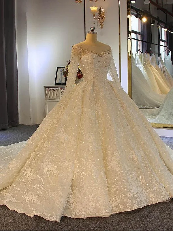 Shinny Long Ball Gown Sweetheart Tulle Lace Wedding Dresses with Sleeves