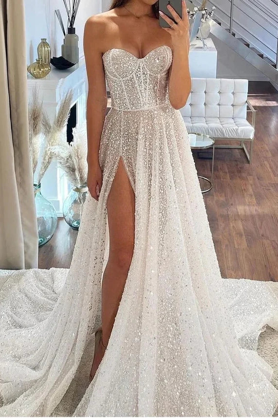 Sweetheart Strapless Empire A-Line Long Sequins Wedding Dress