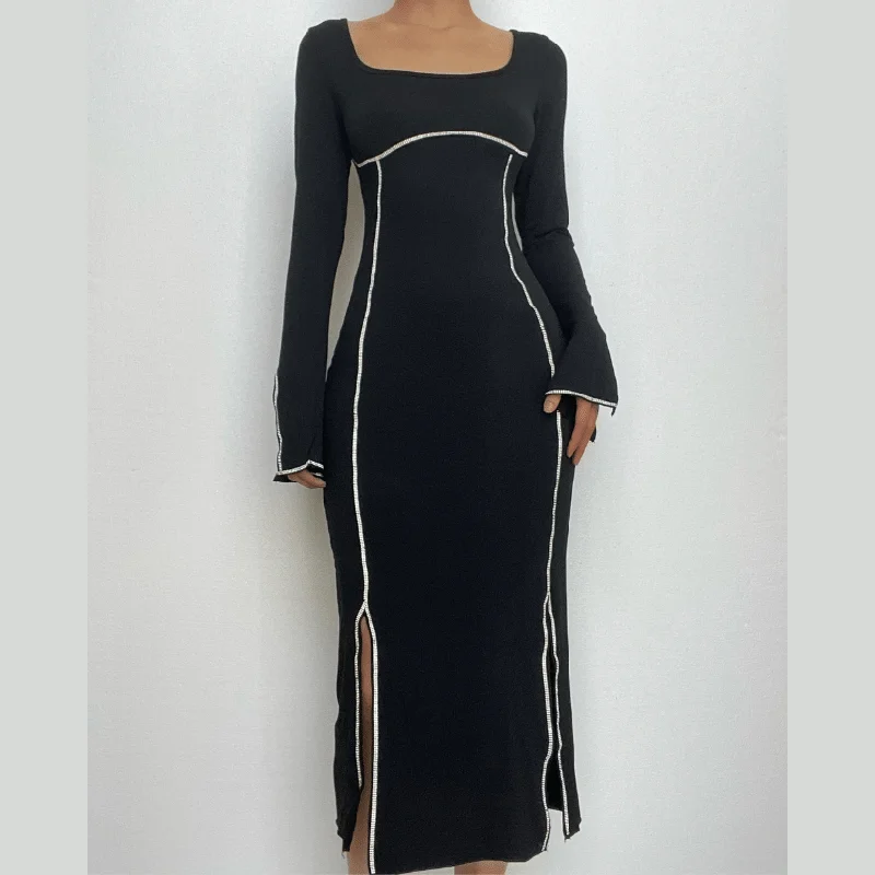 Beaded square neck slit long sleeve midi dress