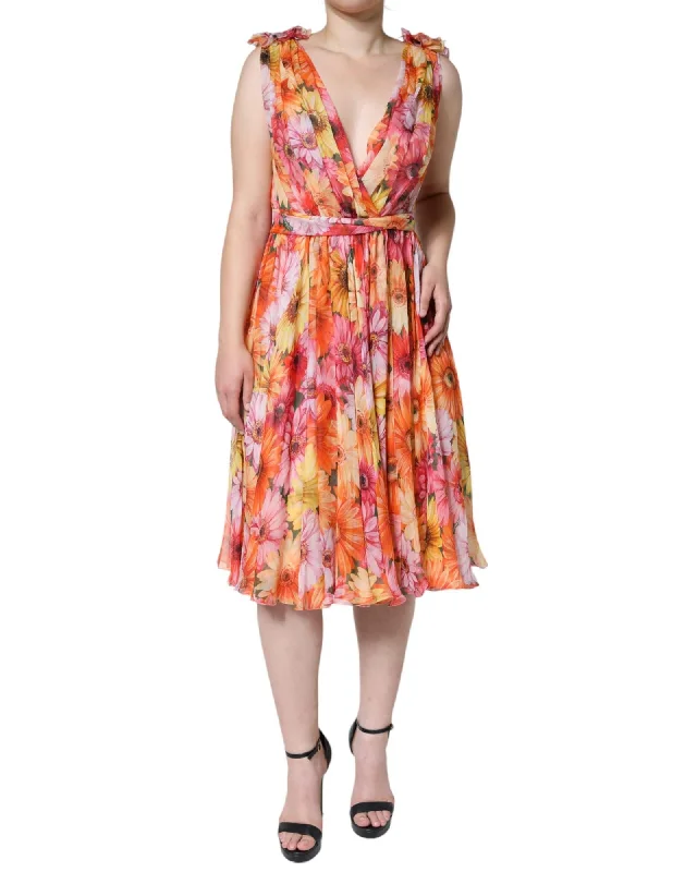 Dolce & Gabbana Floral Print Sleeveless V-neck Silk Midi Dress