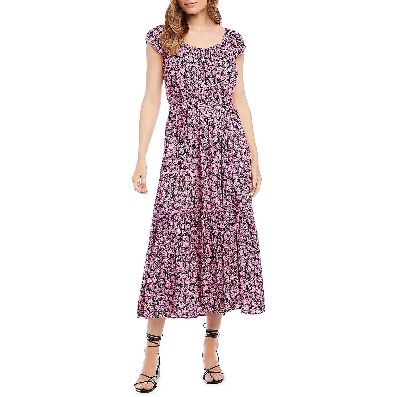 Womens Floral Scoop Neck Midi Dress