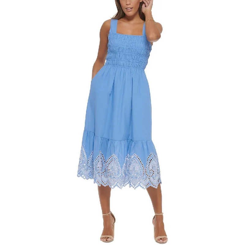 Womens Square Neck Embroidered Midi Dress