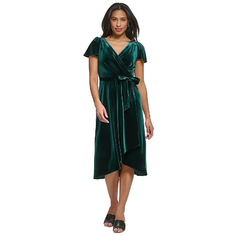 Womens Velvet V-Neck Midi Dress