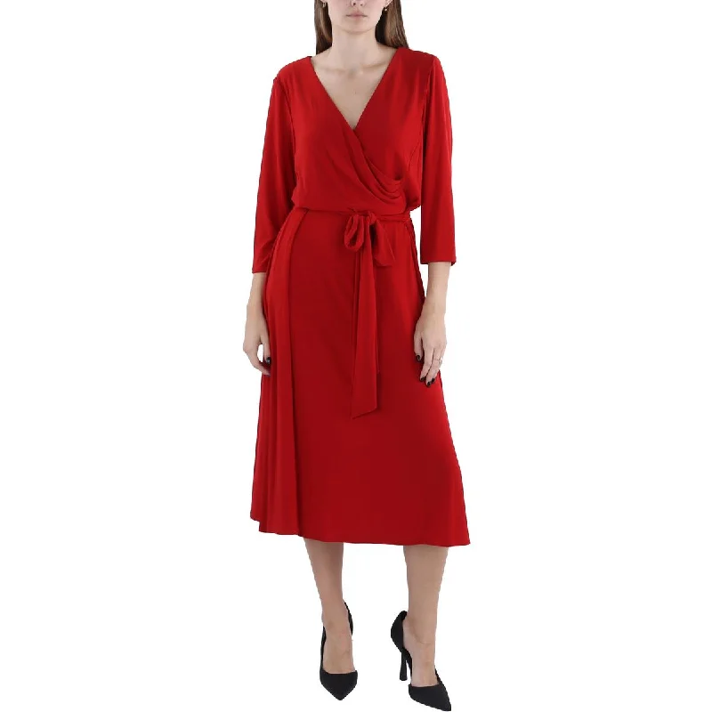 Womens Surplice 3/4 Sleeve Midi Dress