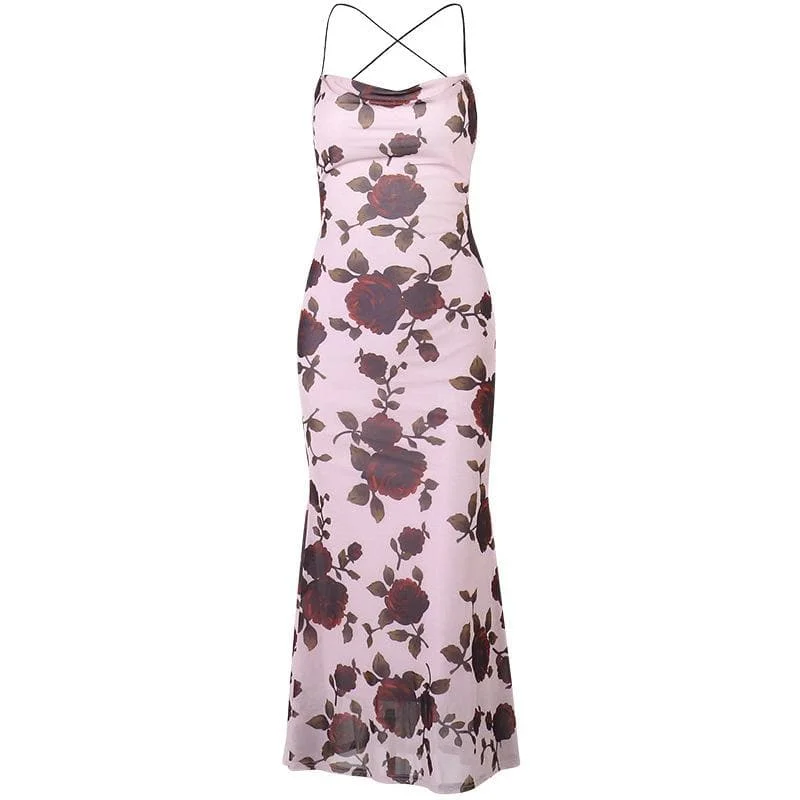 Flower print contrast cross back lace up backless midi dress