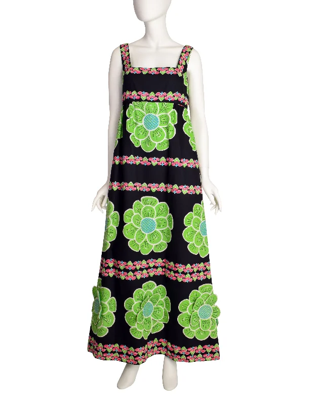 Design Thai Vintage Vivid Bright Green 3D Flower Black Cotton Maxi Dress