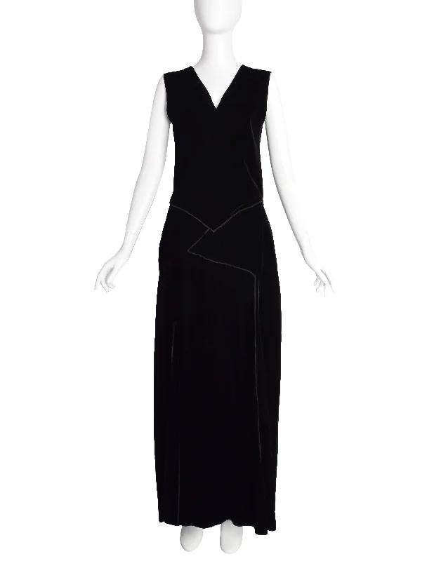 Donna Karan Vintage 1990s Surplice Paneled Black Velvet Maxi Dress