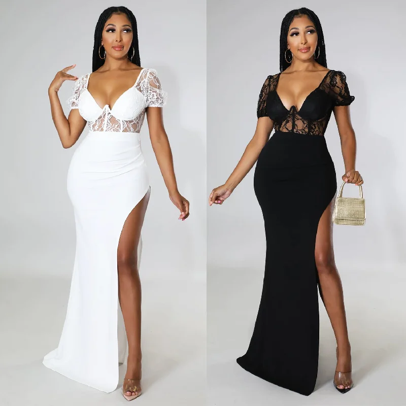 Ladies Fashion Lace Ladies Slit Long Dress