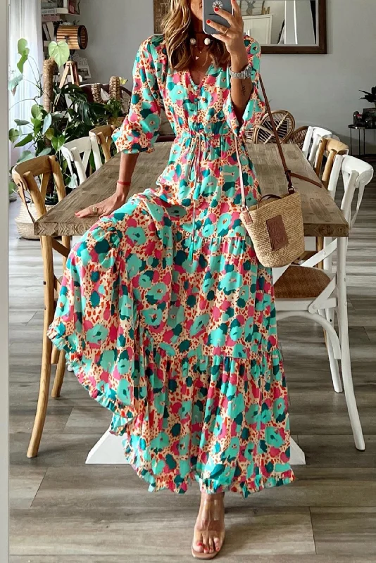 Multicolor Bohemia Print V Neck Ruffle Long Sleeve Maxi Dress