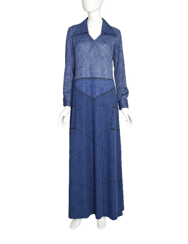 Roberta di Camerino Vintage Denim Look Trompe L'oeil Maxi Dress