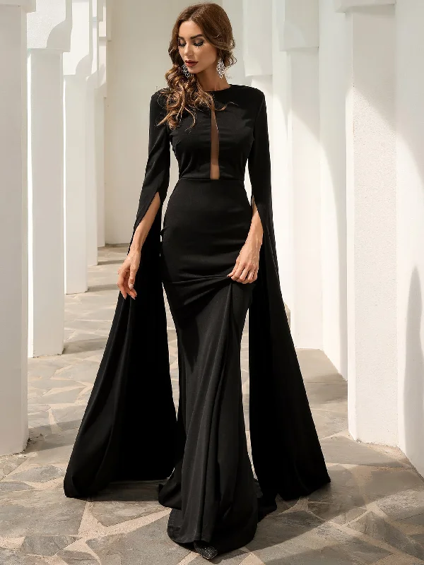 Split Sleeve Mesh Insert Maxi Prom Dress