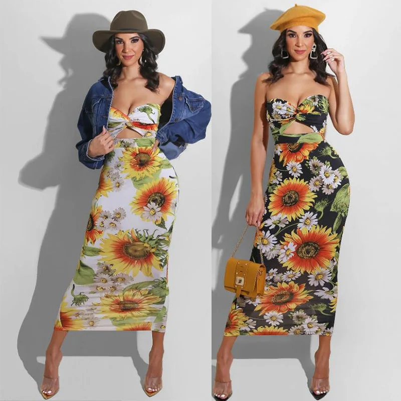 Tube Top Cutout Dress Sunflower Print Dress Slim Fit Long Dress