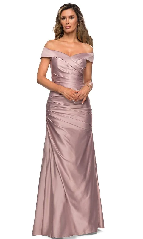 La Femme - 28103 Off Shoulder Pleated Satin Evening Gown