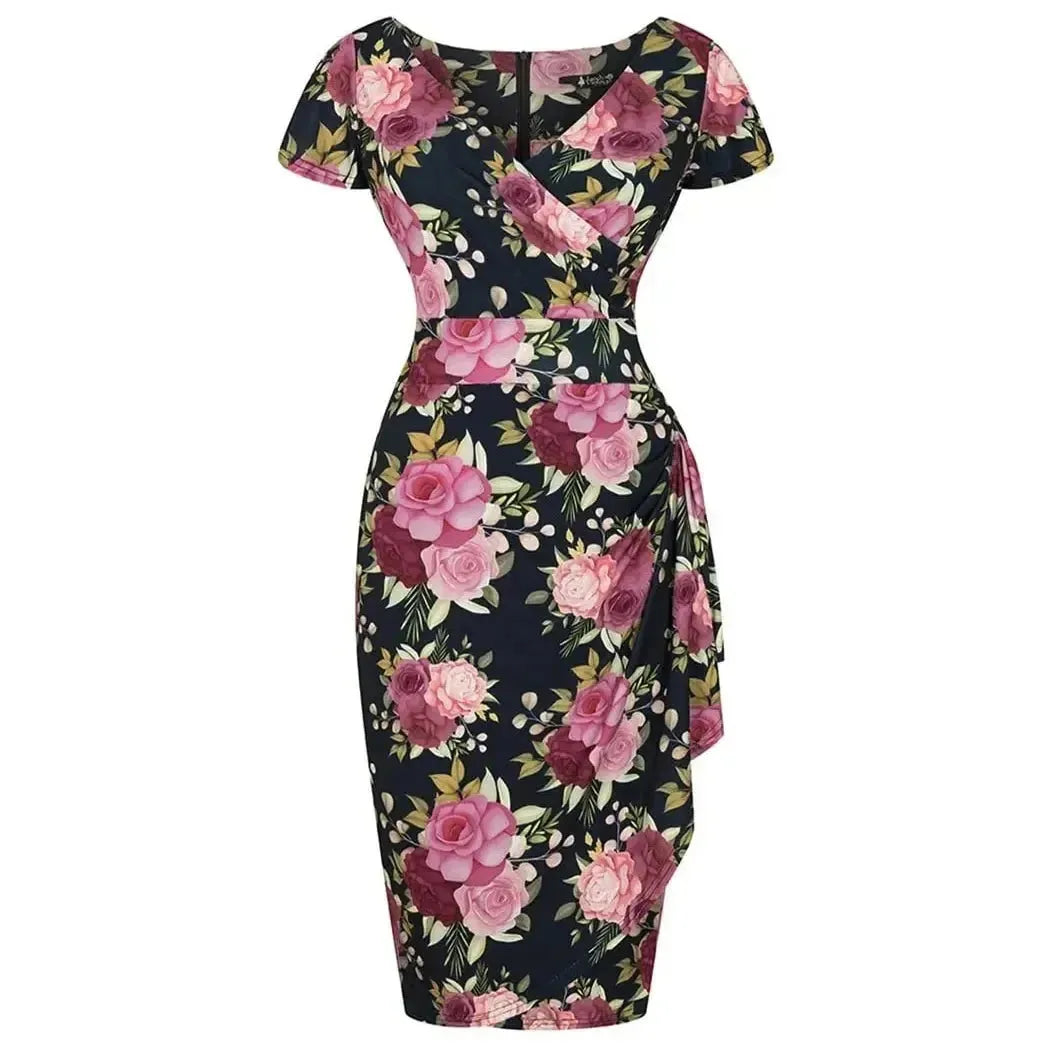 Elsie Dress - Pink Flowers on Navy