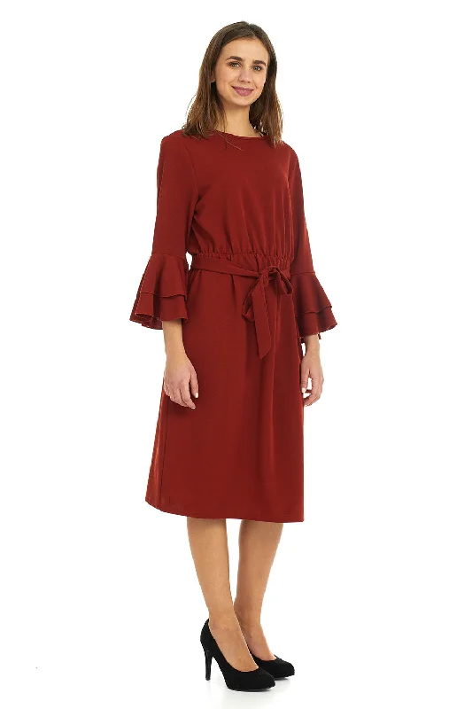 Esteez EMILEE Dress for women - Belted Empire Waist - Double Bell Sleeve - RUST