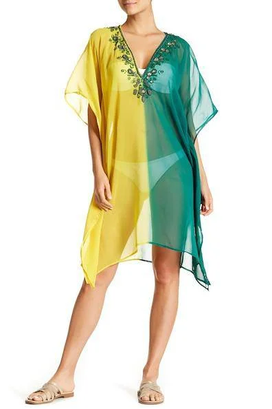 La Moda Women's Loose Solid Sheer Chiffon Caftan Poncho Batwing Tunic Top Blouse