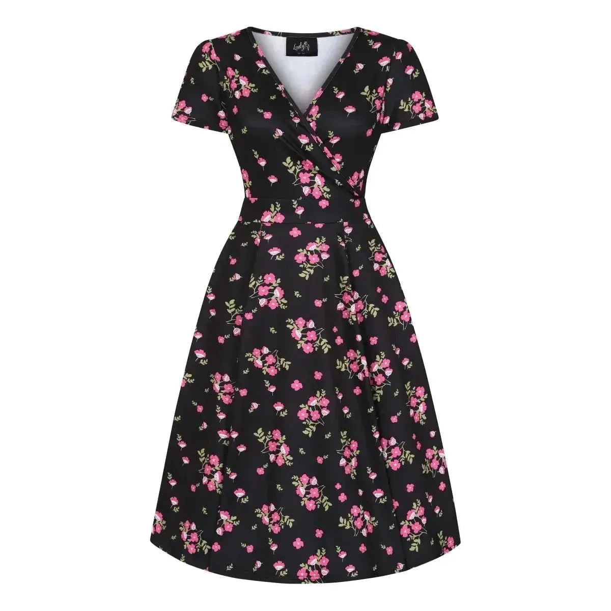 Lyra Dress - Pink Flowers on Black