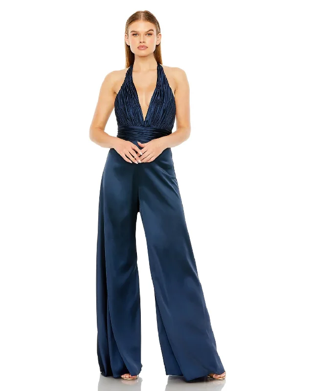 Mac Duggal 49810 Ruched Halter Top Wide Leg Satin Jumpsuit