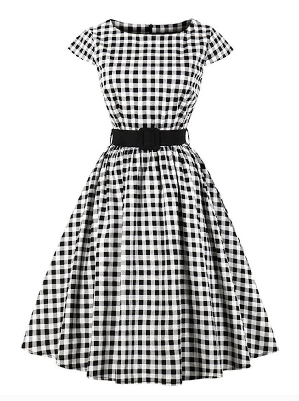 1950's Retro Rockabilly Prom Plaid Print Dress With Blet