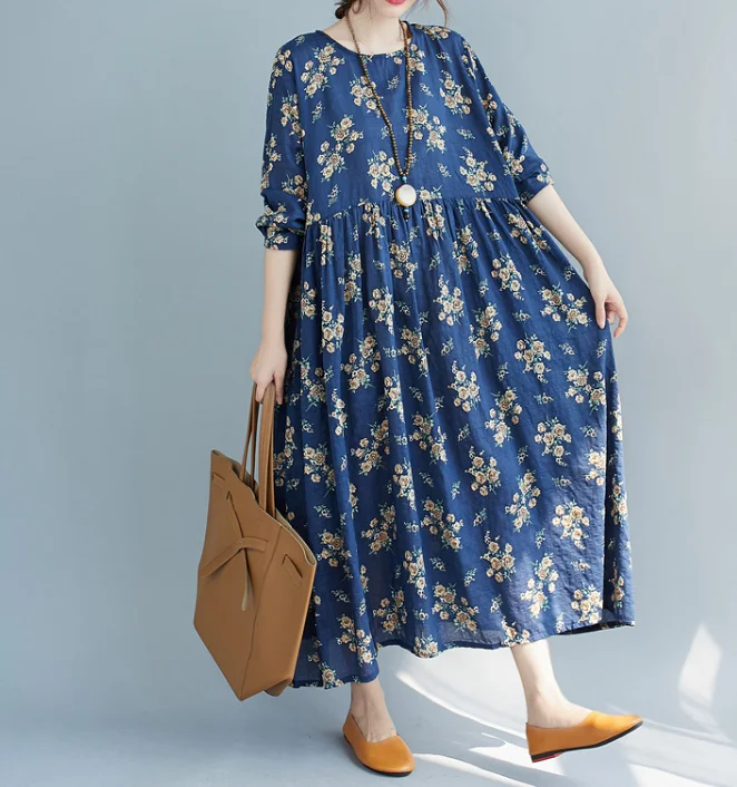 Blue Floral Long Sleeve Women Dresses Casual Women Dresses SSM97215