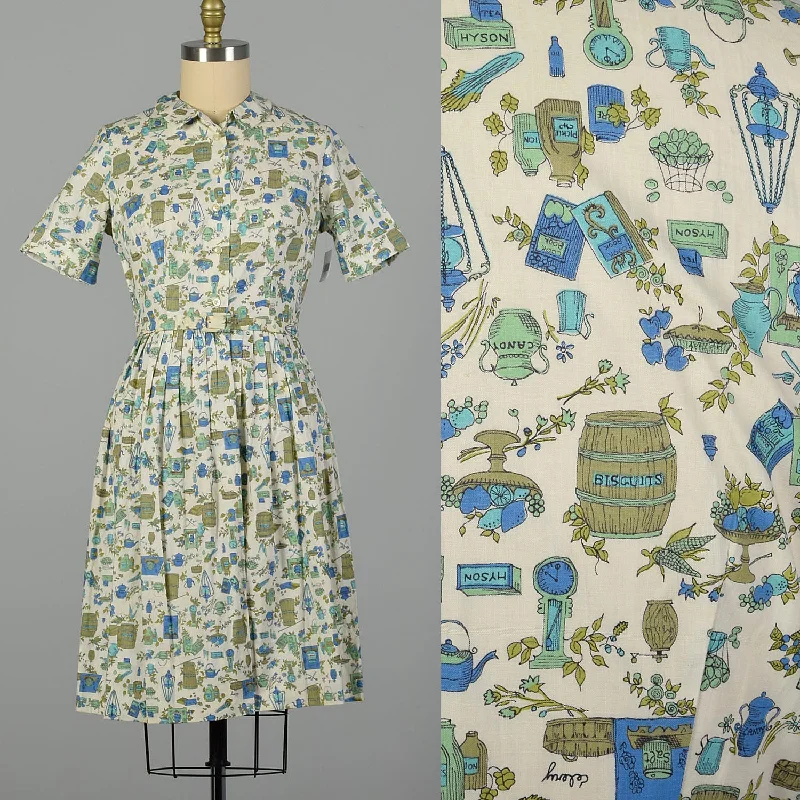 Large 1950s Day Dress Cotton Novelty Kitchen Cooking Print Short Sleeve Summer