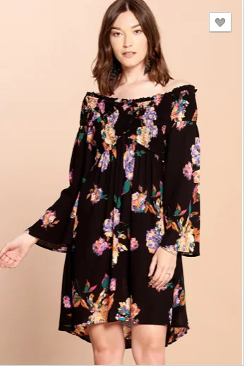 Off-Shoulder Floral Gauze Dress with Bell Sleeves