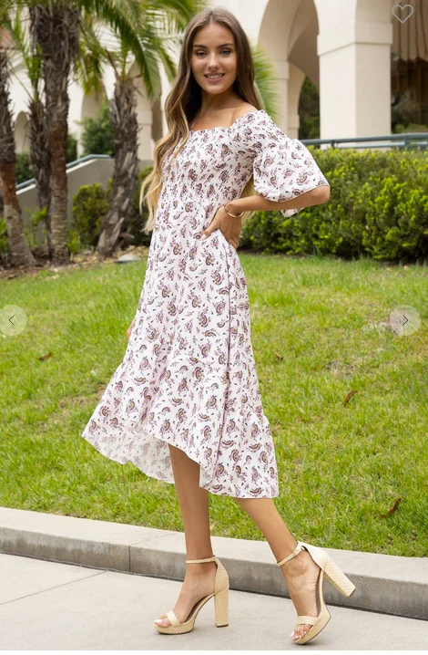 PAISLEY PRINT SMOCKED HIGH-LOW DRESS