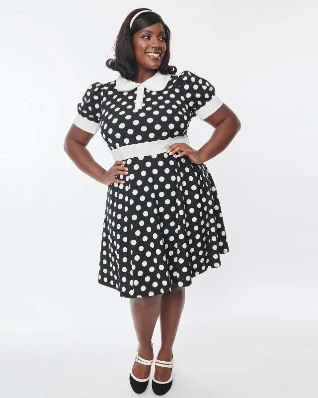 Smak Parlour Black & White Polka Dot Print Flare Dress | Black, Polka Dot