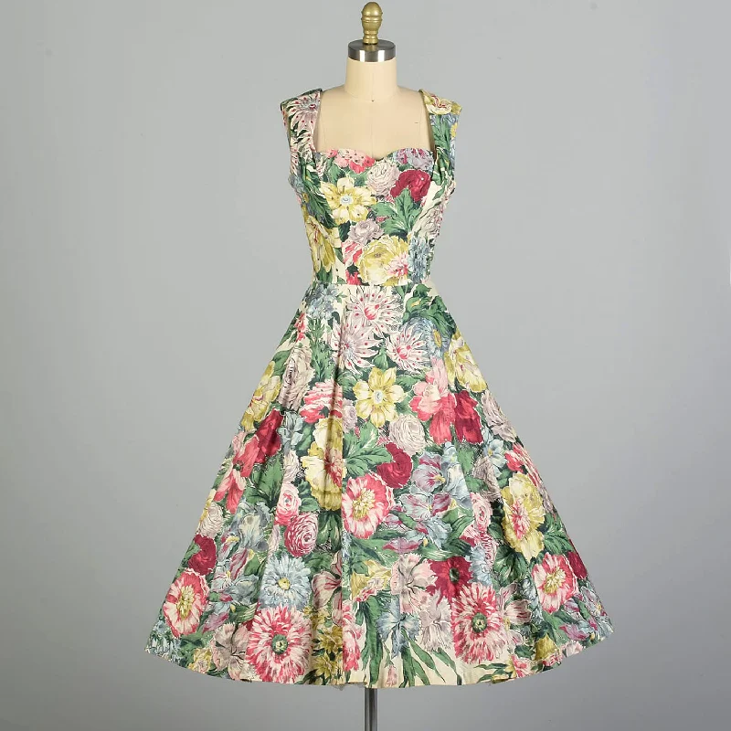 Small 1950s Alix of Miami Sleeveless Cotton Summer Fit & Flare Floral Print Day Dress